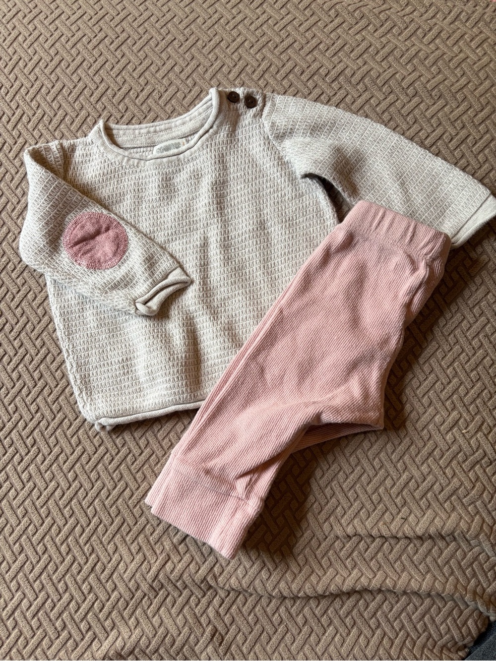 Gymboree Cream Waffle Knit Top with Pink Elbow Patch and Pink Ribbed Leggings